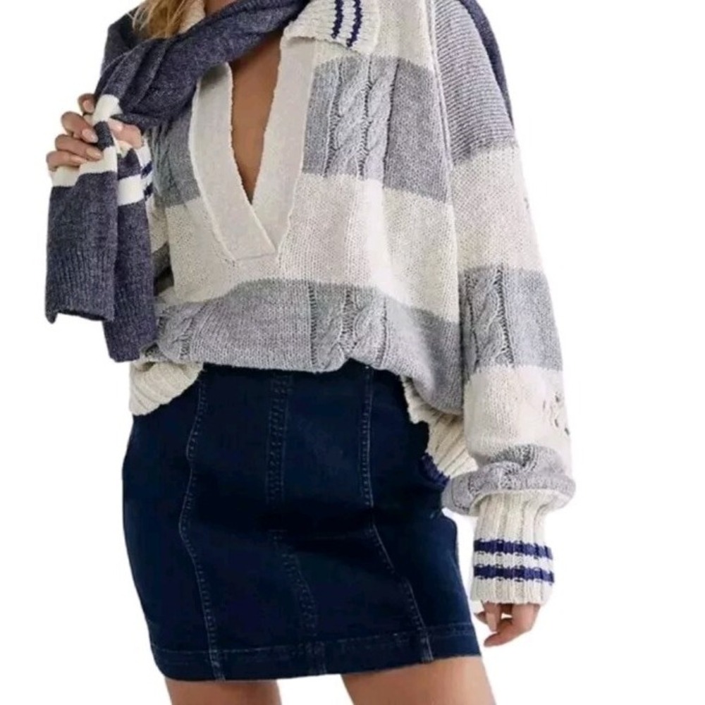 Free People Pembrook Sweater Stripe Cable Knit V Neck Preppy Grey White Collar S